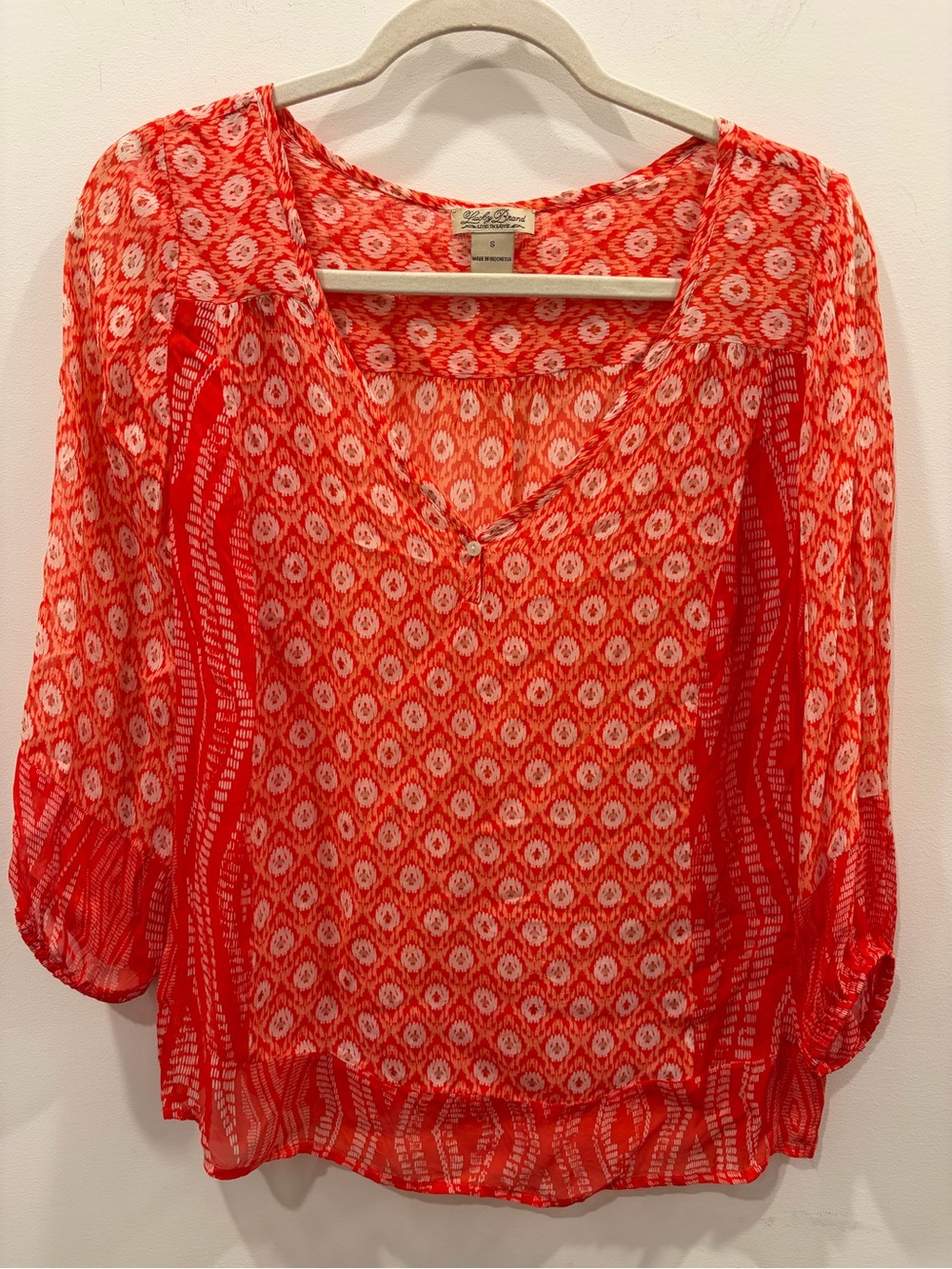 Lucky Brand Red Orange & White Printed Peasant Blouse boho light airy 3/4 sleeve